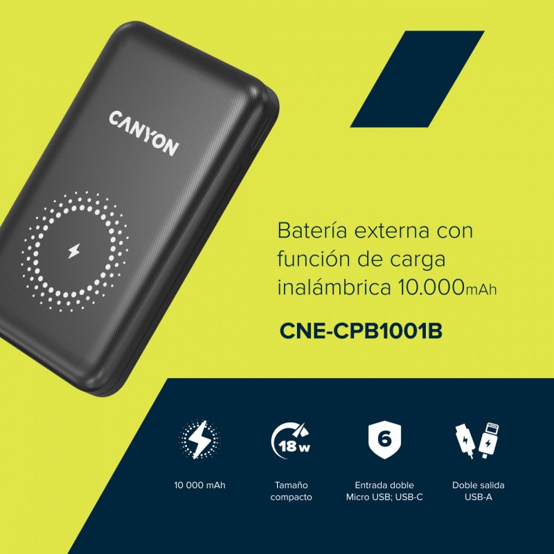 Canyon PB-1001 Power Bank mit kabelloser Ladefunktion 10.000 mAh Unterstützt Quick Charge 3.0 und PD 18 W, 10W Magsafe