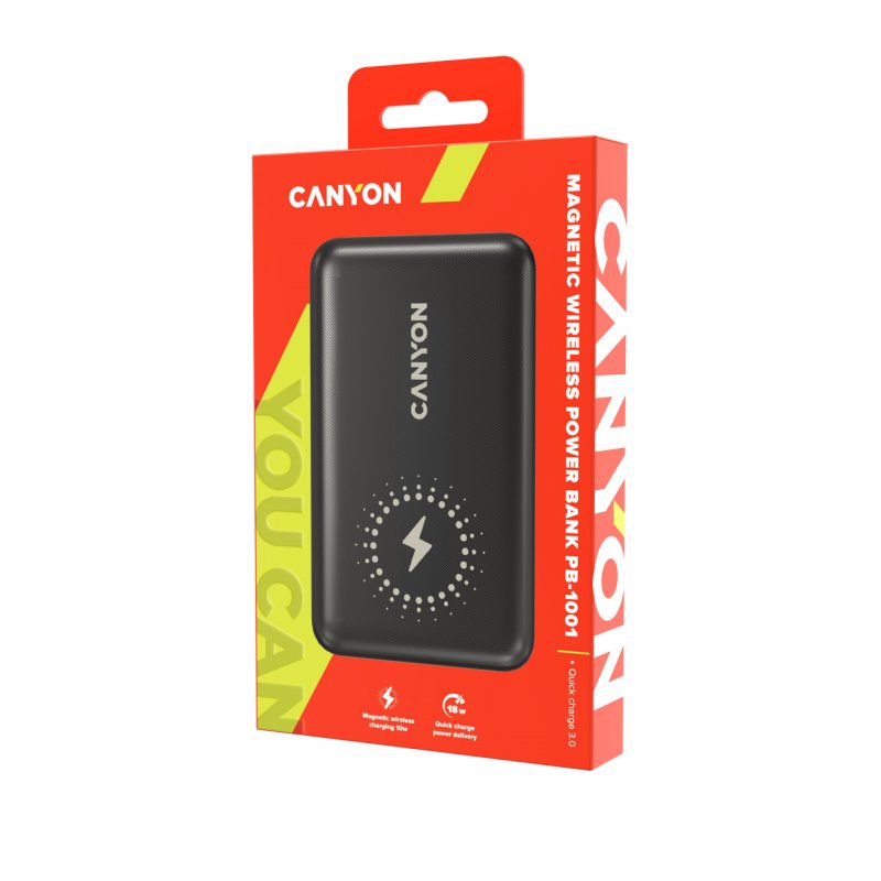 Canyon PB-1001 Power Bank mit kabelloser Ladefunktion 10.000 mAh Unterstützt Quick Charge 3.0 und PD 18 W, 10W Magsafe