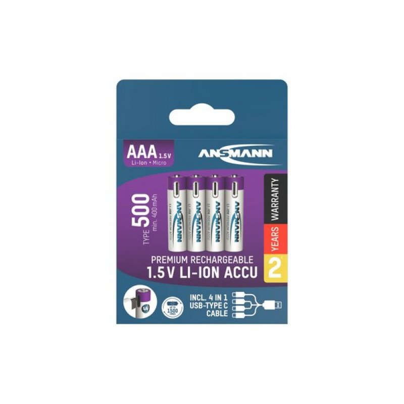 Li-Ion Akku Micro AAA Typ 500 (min. 400 mAh), 4er-Pack (weiß/violett, 4x AAA (Micro), USB-C Ladeport)