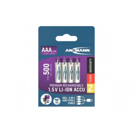 Li-Ion Akku Micro AAA Typ 500 (min. 400 mAh), 4er-Pack (weiß/violett, 4x AAA (Micro), USB-C Ladeport)
