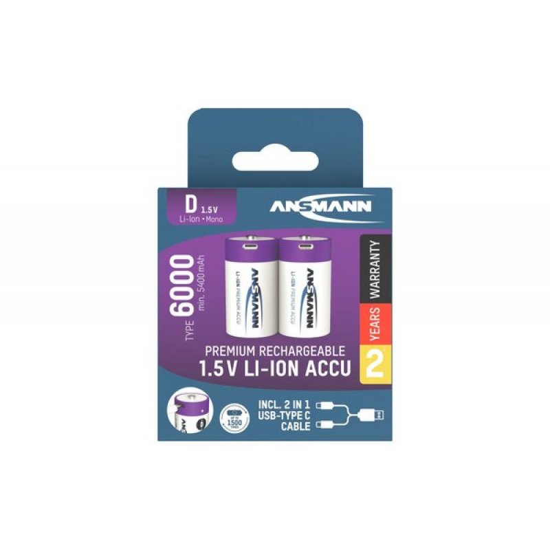 ANSMANN Accu lithium Mono D, 2 units, rechargeable, 1,5 V