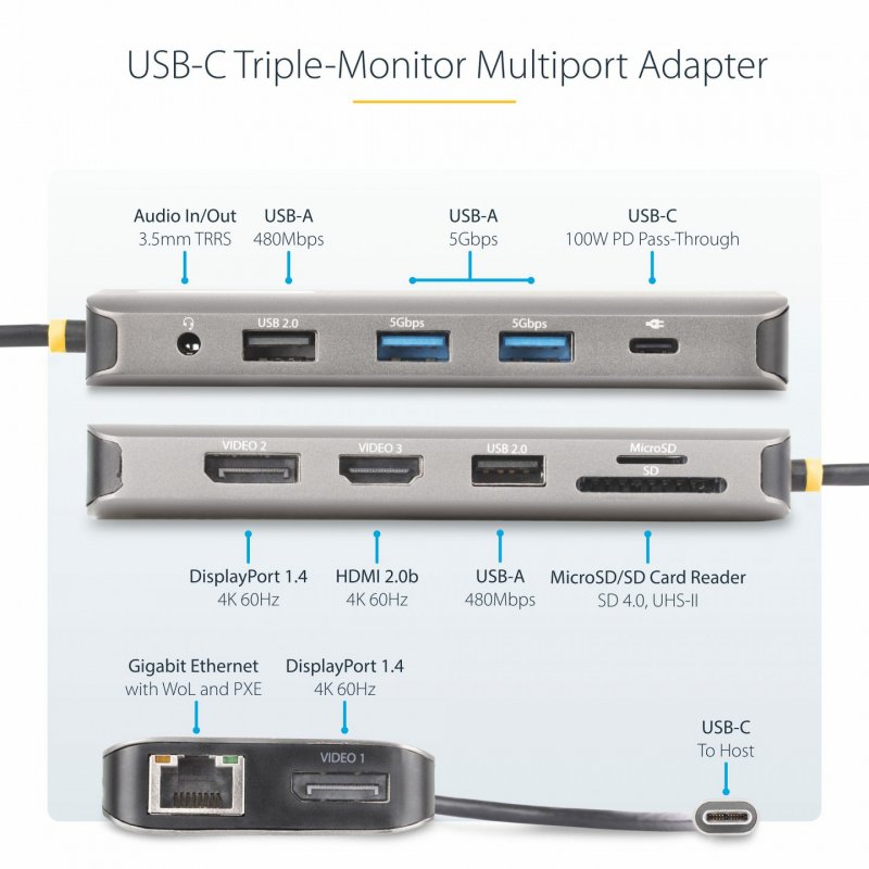StarTech.com Adaptateur Multiport USB-C Triple Moniteur, Double HDMI et DisplayPort 4K 60Hz 4K 30Hz, Adaptateur