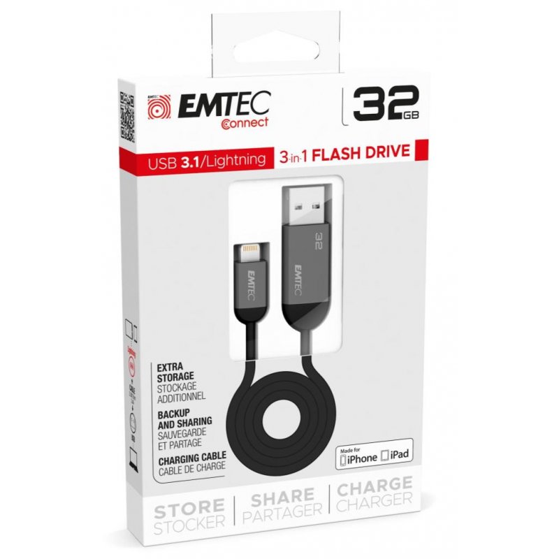 Emtec T750A USB flash drive 32 GB USB Type-A / Lightning 3.2 Gen 1 (3.1 Gen 1) Black, Grey