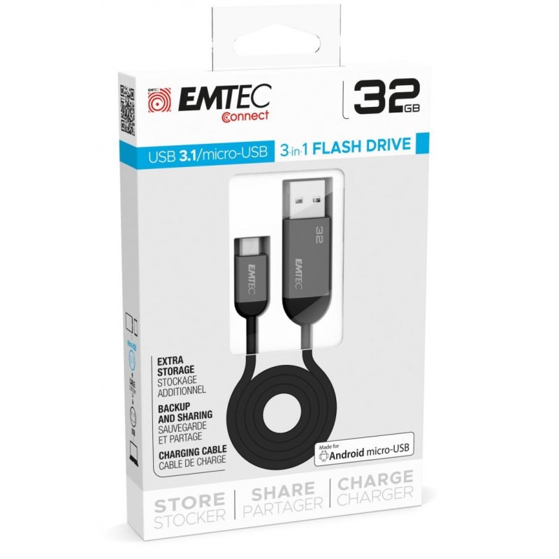 Emtec T750B lecteur USB flash 32 Go USB Type-A / Micro-USB 3.2 Gen 1 (3.1 Gen 1) Noir, Gris