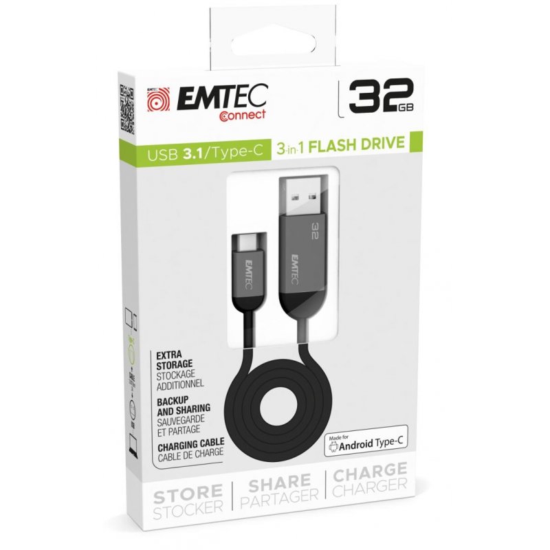Emtec T750C USB flash drive 32 GB USB Type-A / USB Type-C 3.2 Gen 1 (3.1 Gen 1) Black, Grey