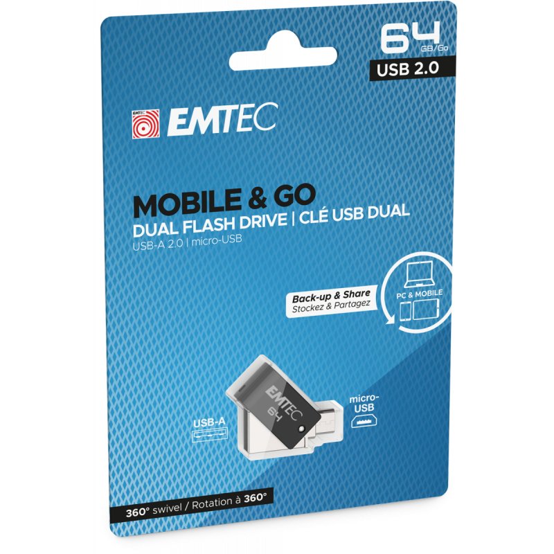 Emtec T260B lecteur USB flash 64 Go USB Type-A / Micro-USB 2.0 Noir, Acier inoxydable