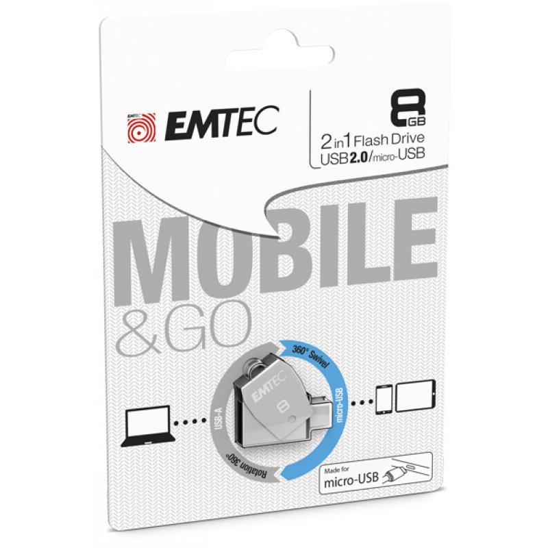 Emtec T250B lecteur USB flash 8 Go USB Type-A / Micro-USB 2.0 Acier inoxydable
