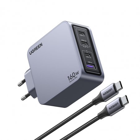 Ugreen Nexode Pro 160W GaN Charger with USB-C Cable Universal Black, Grey AC Fast charging Indoor