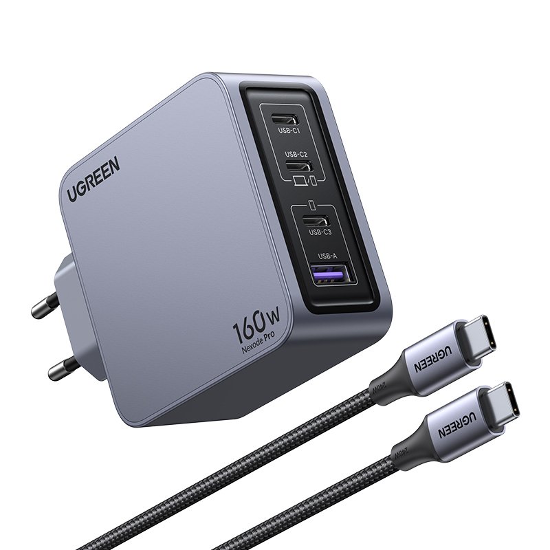 Ugreen Nexode Pro 160W GaN Charger with USB-C Cable Universal Black, Grey AC Fast charging Indoor