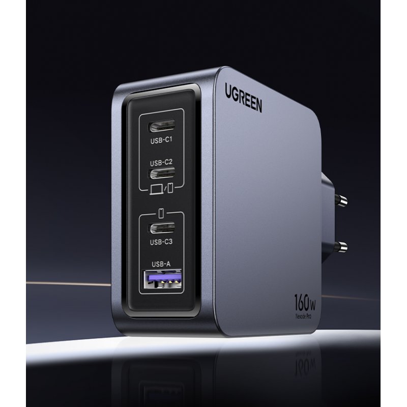 Ugreen Nexode Pro 160W GaN Charger with USB-C Cable Universal Black, Grey AC Fast charging Indoor