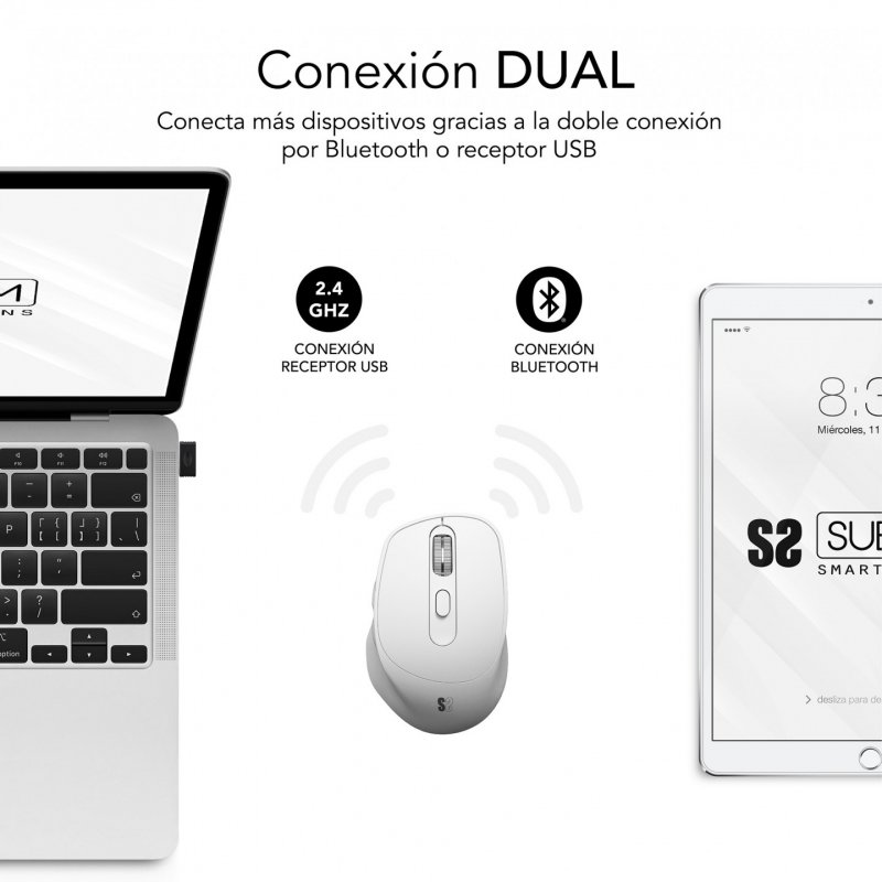 SUBBLIM RATON OPTICO DUAL COMFORT ERGO DUAL BATERIA BLANCO souris Universel Droitier Bluetooth USB Type-A Optique