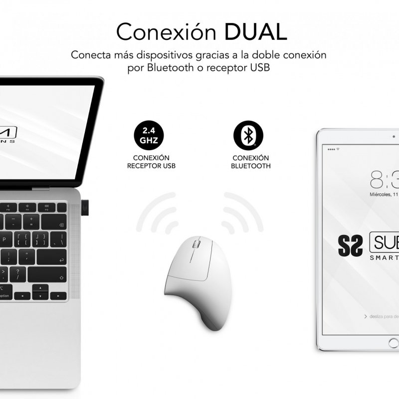 SUBBLIM RATON OPTICO DUAL GLIDE VERTICAL ERGO DUAL BATERIA BLANCO mouse Universal Right-hand Bluetooth USB Type-A