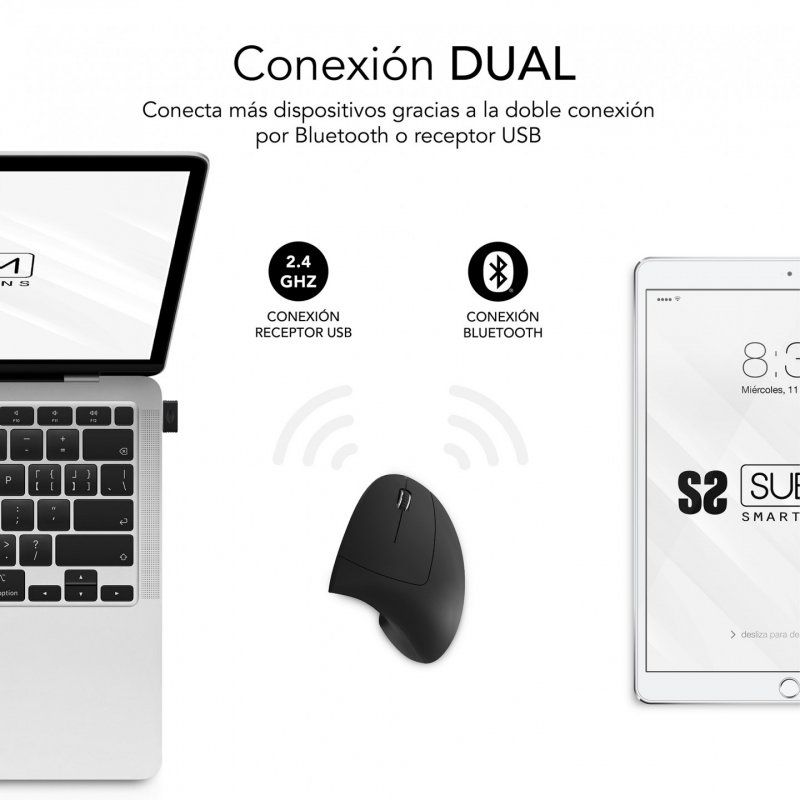 SUBBLIM RATON OPTICO DUAL GLIDE VERTICAL ERGO DUAL BATERIA NEGRO souris Universel Droitier Bluetooth USB Type-A