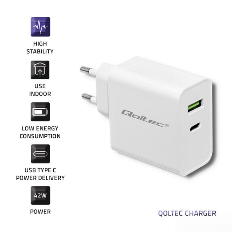 Qoltec 51718 Charger | 45W | 5-20V | 2.4-3A | USB type C PD | USB | White