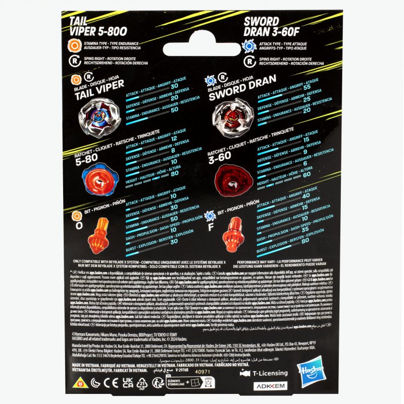 Beyblade X Tail Viper 5-80O & Sword Dran 3-60F Battling spinning top