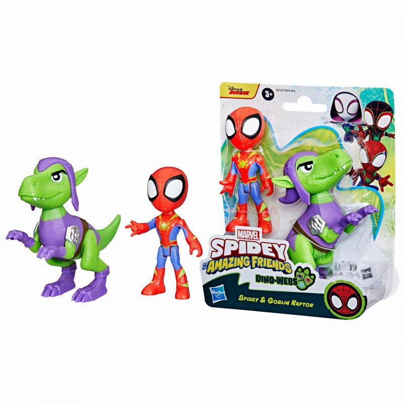 Marvel Spidey and His Amazing Friends Dino-Webs, Spidey and Goblin Raptor Action Figures Set, Super Hero Toys for Boys