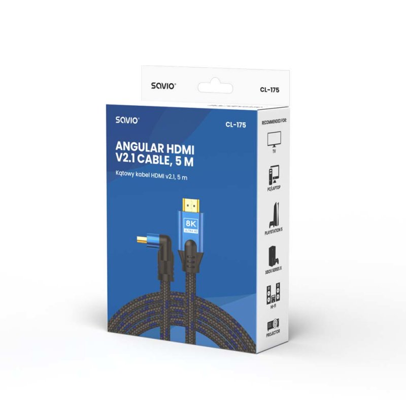 Savio HDMI (M) v2.1 cable angled 8K HDR Dynamic OFC copper 5m CL-175 câble HDMI 3 m HDMI Type A (Standard) Noir