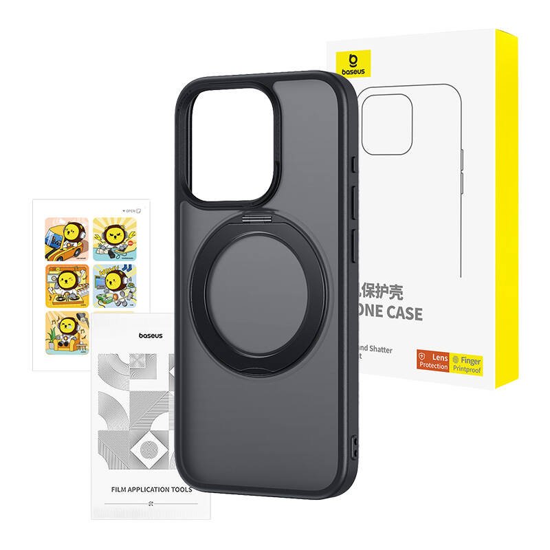 Phone Case Baseus SkyRing Magnetic with Stand for iP 15 Pro tempered-glass and cleaning kit (black)