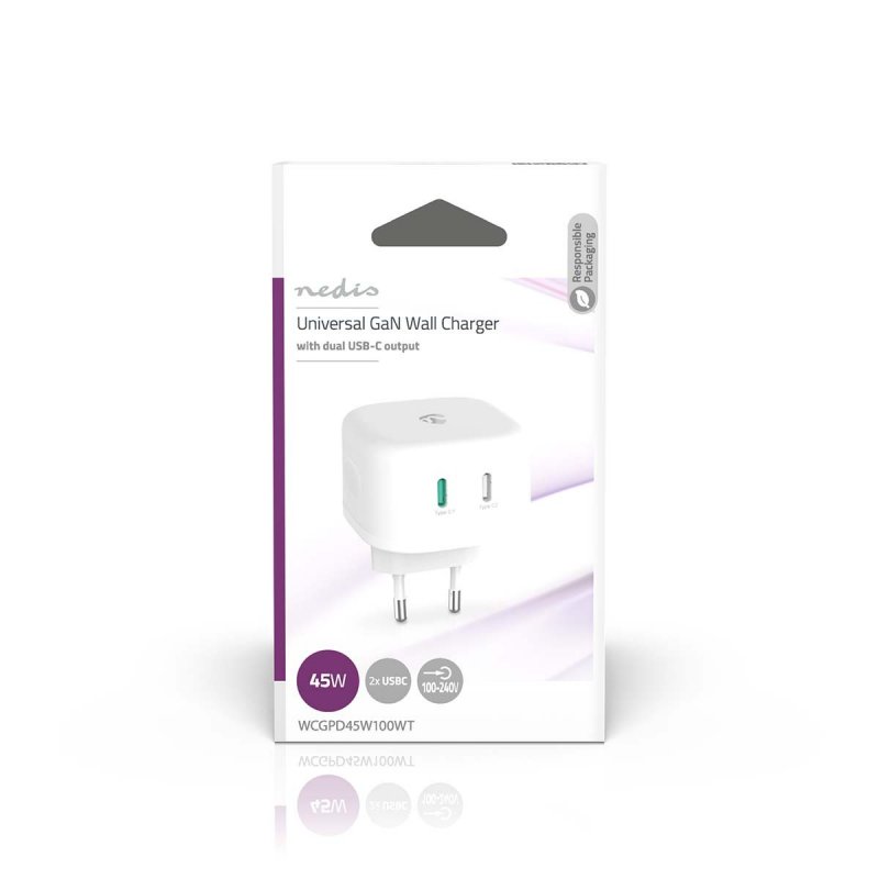 Nedis Netzladegerät | 45 W | GaN | Schnellladefunktion - 2.25 A / 3.0 A | Anzahl der Ausgänge: 2 | 2x USB-C™ |