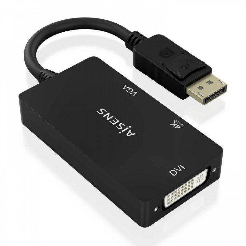 AISENS Displayport V1.2 to VGA/DVI/HDMI converter, DP 1.2/M-VGA/H-DVI/H-HDMI/H 4K, Black, 15cm