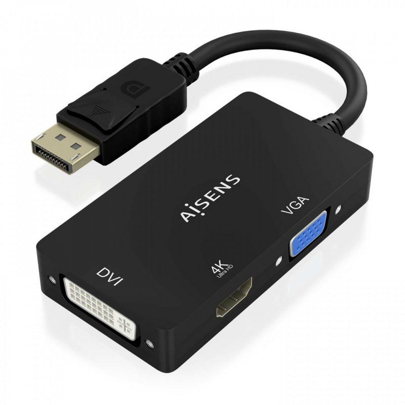 AISENS Displayport V1.2 to VGA/DVI/HDMI converter, DP 1.2/M-VGA/H-DVI/H-HDMI/H 4K, Black, 15cm