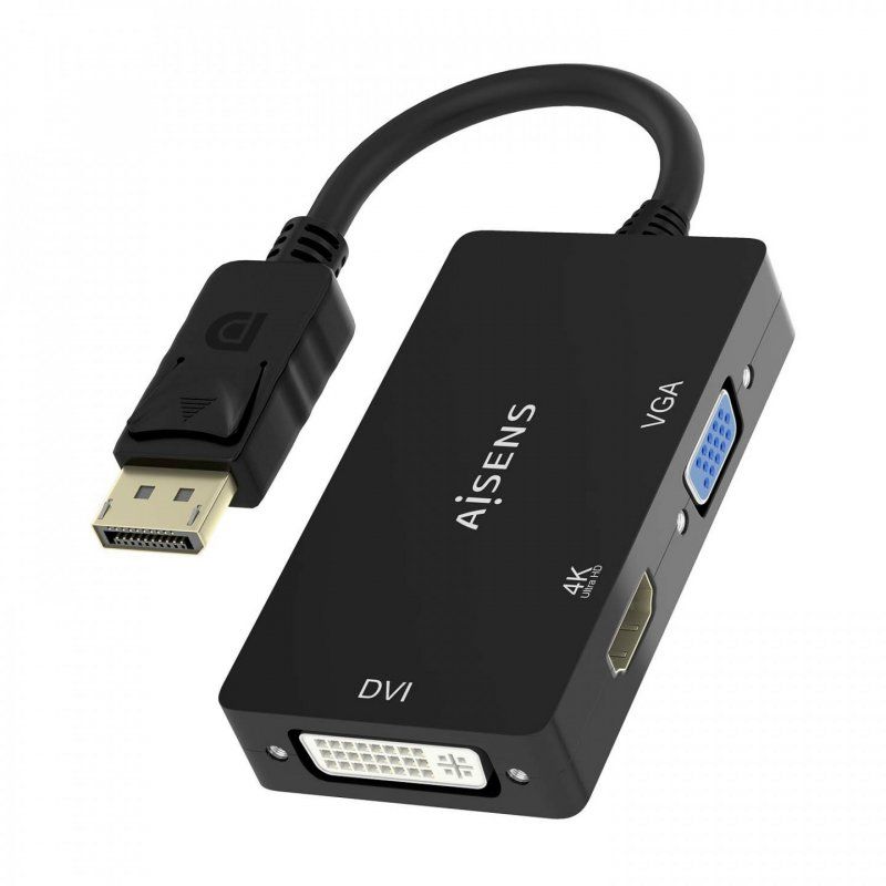 AISENS Displayport V1.2 to VGA/DVI/HDMI converter, DP 1.2/M-VGA/H-DVI/H-HDMI/H 4K, Black, 15cm