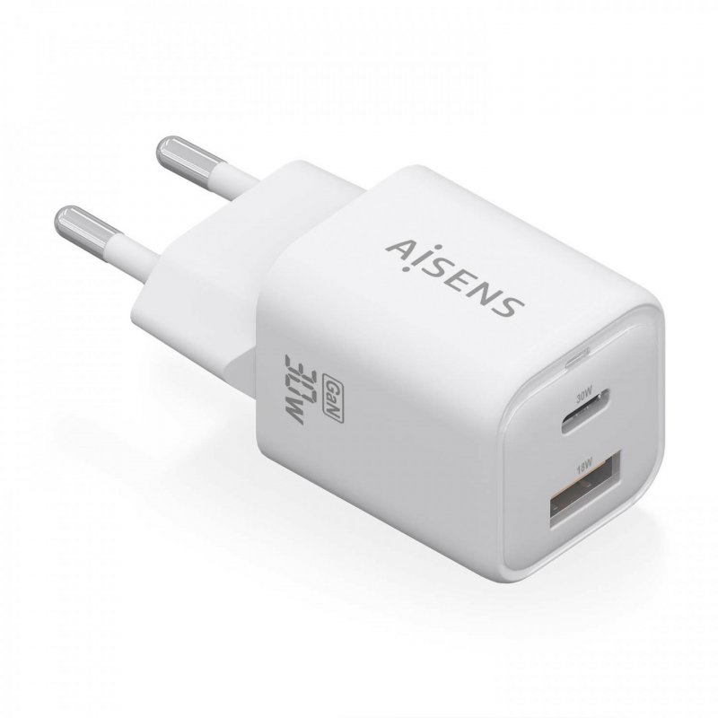 AISENS Gan 30W Charger, 1xUSB-C PD3.0 QC4.0, 1xUSB-A QC3.0, White