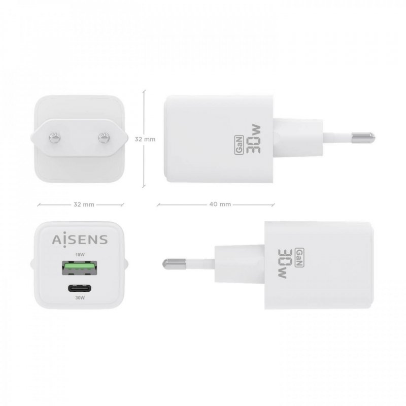 CARGADOR AISENS GAN 30W 1XUSB-C PD3.0 QC4.0 1XUSB-A QC3.0 BLANCO