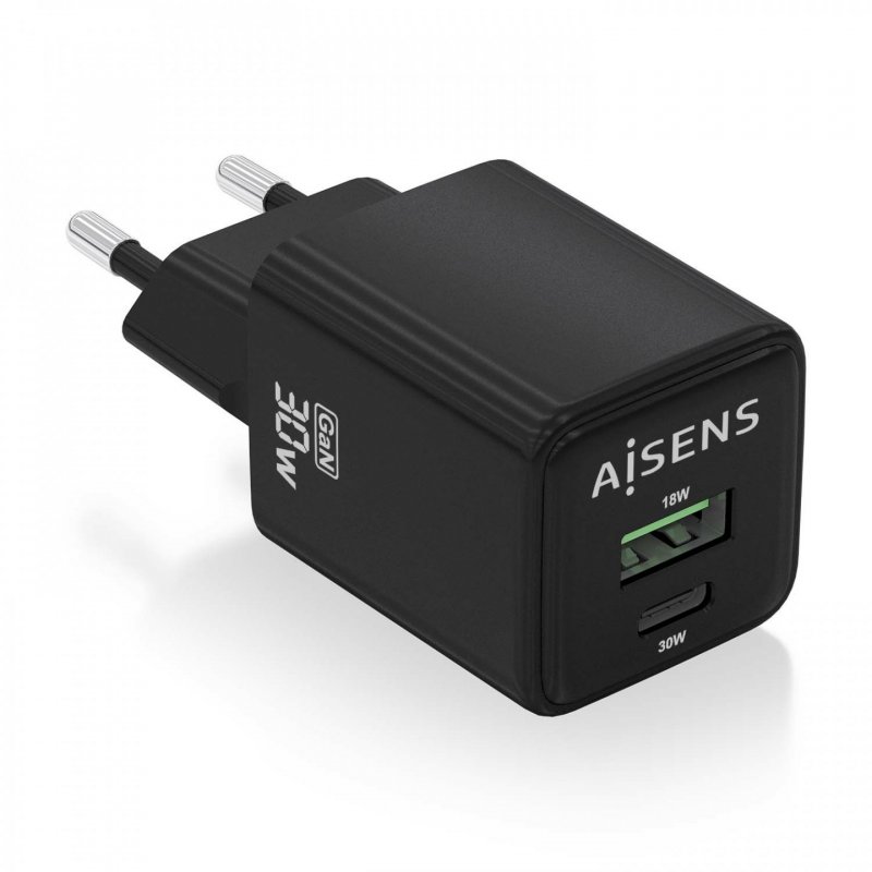 AISENS Gan 30W Charger, 1xUSB-C PD3.0 QC4.0, 1xUSB-A QC3.0, Black