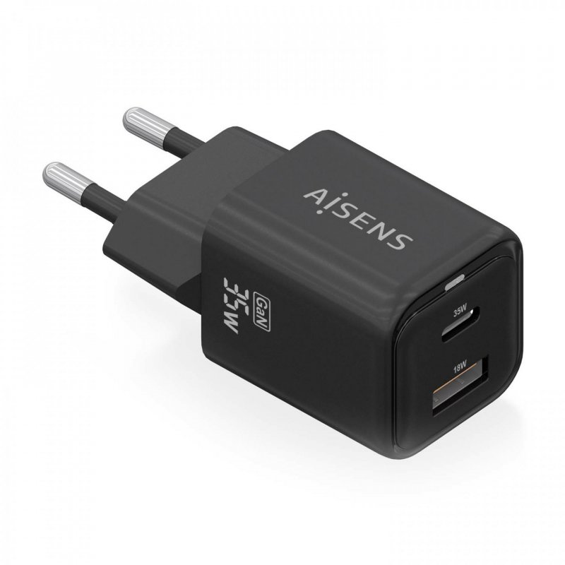 AISENS Gan 35W charger, 1xUSB-C PD3.0 QC4.0, 1xUSB-A QC3.0, Black