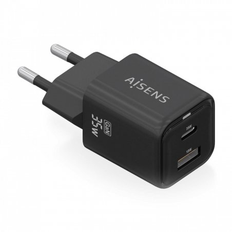 AISENS Gan 35W charger, 1xUSB-C PD3.0 QC4.0, 1xUSB-A QC3.0, Black