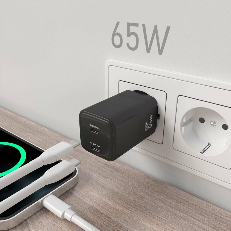 AISENS Charger Gan 65W, 2xUSB-C PD3.0 QD4.0, Black