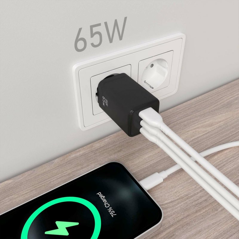 AISENS Charger Gan 65W, 2xUSB-C PD3.0 QC4.0, 1xUSB-A QC3.0, Black