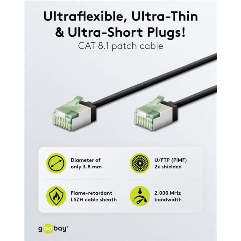 Ultraflexibles Cat.8.1 Patchkabel slim, U/FTP (schwarz, 1 Meter, extrakurze Stecker)