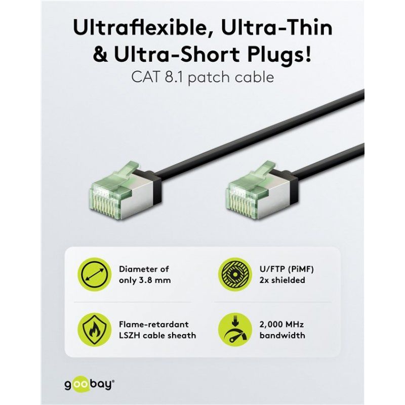 Ultraflexibles Cat.8.1 Patchkabel slim, U/FTP (schwarz, 5 Meter, extrakurze Stecker)