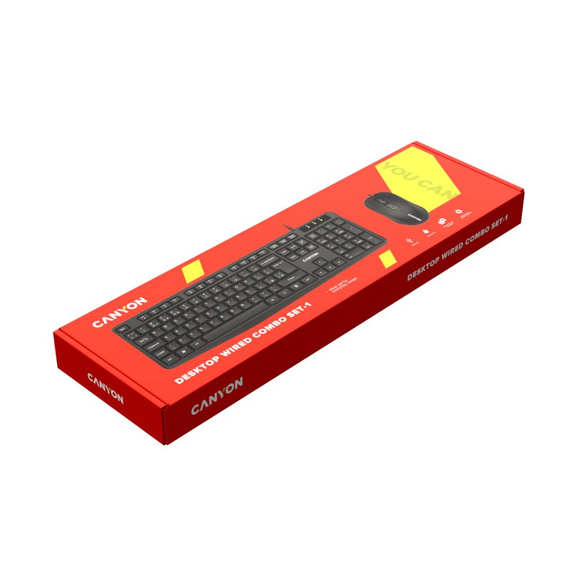 Canyon Tastatur und Maus SET-1, Kabelgebunden Spritzwassergeschützt, USB-A-Anschluss, Mausauflösung - 1600 DPI