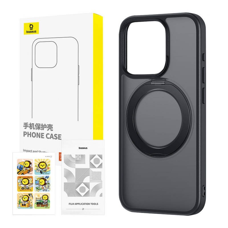 Phone Case with Stand Baseus SkyRing 360° for iP 15 tempered-glass and cleaning kit (black)