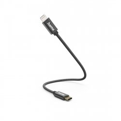 Hama Charging/Data USB-C to Lightning Cable, 480Mbps, Nylon Sheath, Gold-Plated, 0.2 Metre, Black