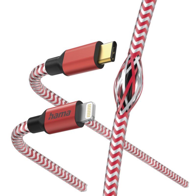 Hama Reflective Charging USB-C to Lightning Cable, 480Mbps, Nylon Sheath, Gold-Plated, 1.5 Metre, Red