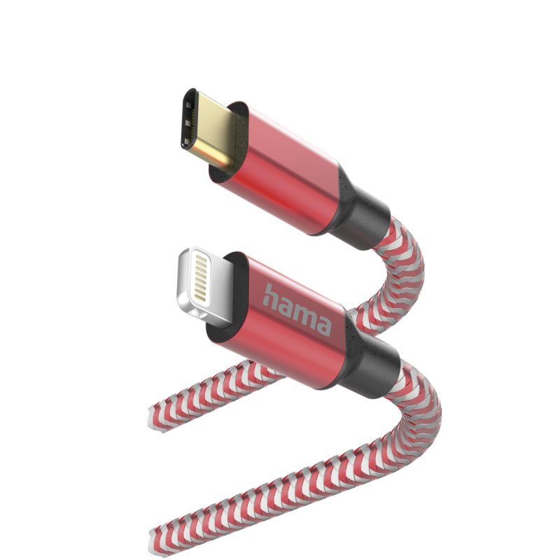 Hama Reflective Charging USB-C to Lightning Cable, 480Mbps, Nylon Sheath, Gold-Plated, 1.5 Metre, Red