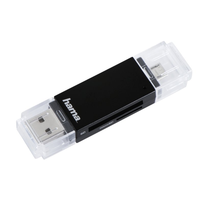 Hama Basic External USB 2.0 OTG Card Reader, USB-A Micro B, SD/microSD, Black, USB Powered