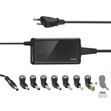 Hama Slim & Light 65W EU Travel Notebook PSU, 19V, 8 Adapters, Hook & Cable Tie, *Euro Plug*