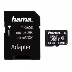 Hama 64GB MicroSDHC Card with SD Adapter, Class 10 UHS-I, Up to 80MB/s