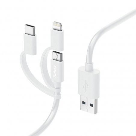 Hama 3-in-1 Multi Charging Cable - USB-A to USB-C/Micro USB/Lightning, Quick Charge, 1 Metre, White