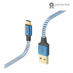 Hama Reflective USB-A to USB-C Quick Charging Cable, USB 2.0, Nylon Sheath, Gold-Plated, 1.5 Metre, Blue
