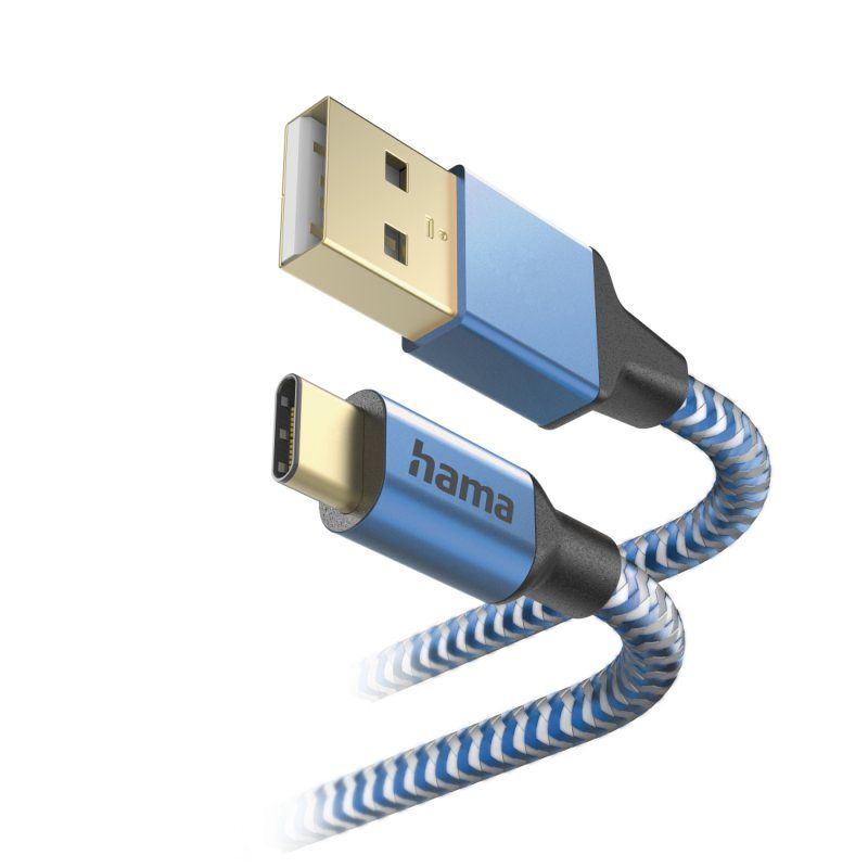 Hama Reflective USB-A to USB-C Quick Charging Cable, USB 2.0, Nylon Sheath, Gold-Plated, 1.5 Metre, Blue