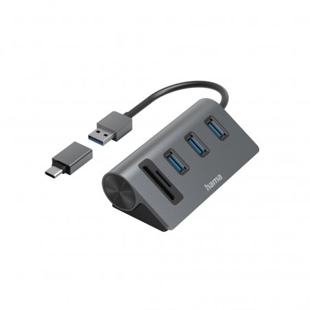 Hama External USB 3.2 Gen1 Hub/Card Reader, 3x USB-A, SD, microSD, USB Powered, USB-C Adapter