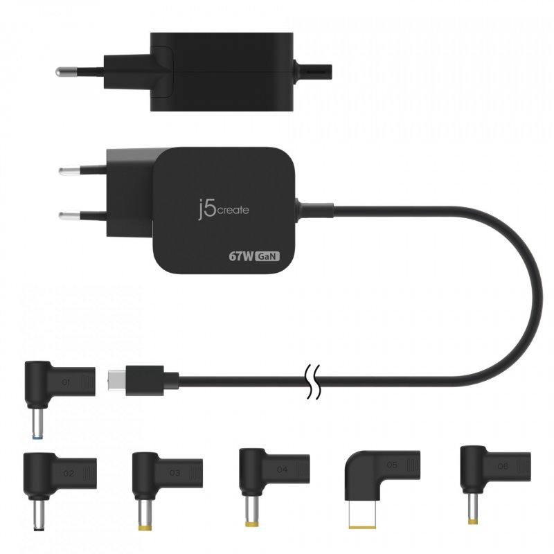 j5create JUP1565DC 67W GaN PD USB-C Mini Charger with 6 Types of DC Connector-EU, Black