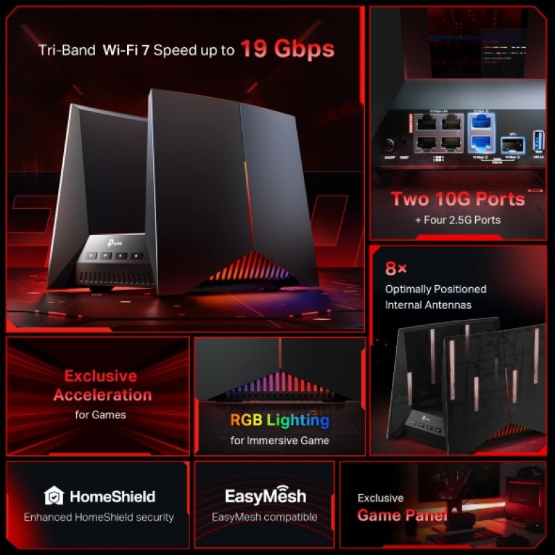 TP-LINK (Archer GE800) BE19000 Tri-Band Wi-Fi 7 Gaming Router, 2x10G Ports, USB, Game Panel & Acceleration, RGB