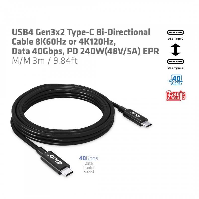Club 3D USB4 Gen3x2 Type-C Bi-Direktionale Kabel 8K60Hz oder 4K120Hz, Data 40Gbps, PD 240W(48V/5A) EPR St/St 3m